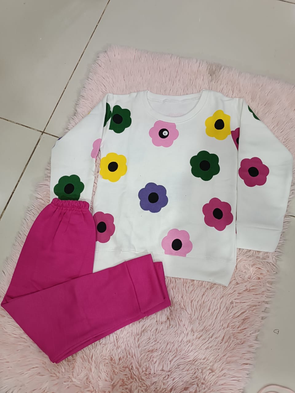 Girls Flower Print Sweatshirt + Pink Trouser Set – Warm & Comfortable 2 Pc Outfit