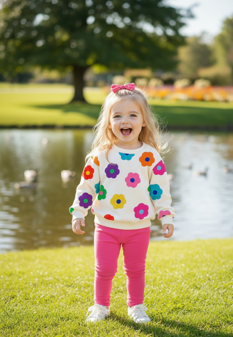 Girls Flower Print Sweatshirt + Pink Trouser Set – Warm & Comfortable 2 Pc Outfit