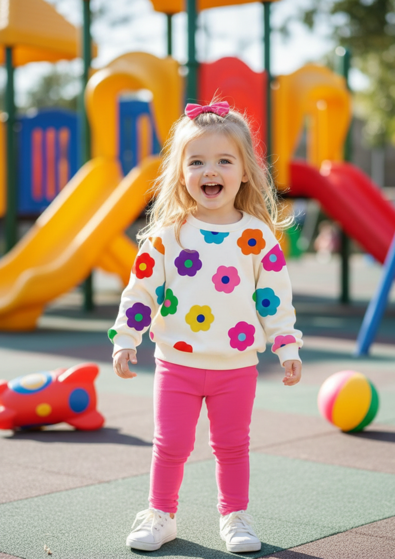 Girls Flower Print Sweatshirt + Pink Trouser Set – Warm & Comfortable 2 Pc Outfit
