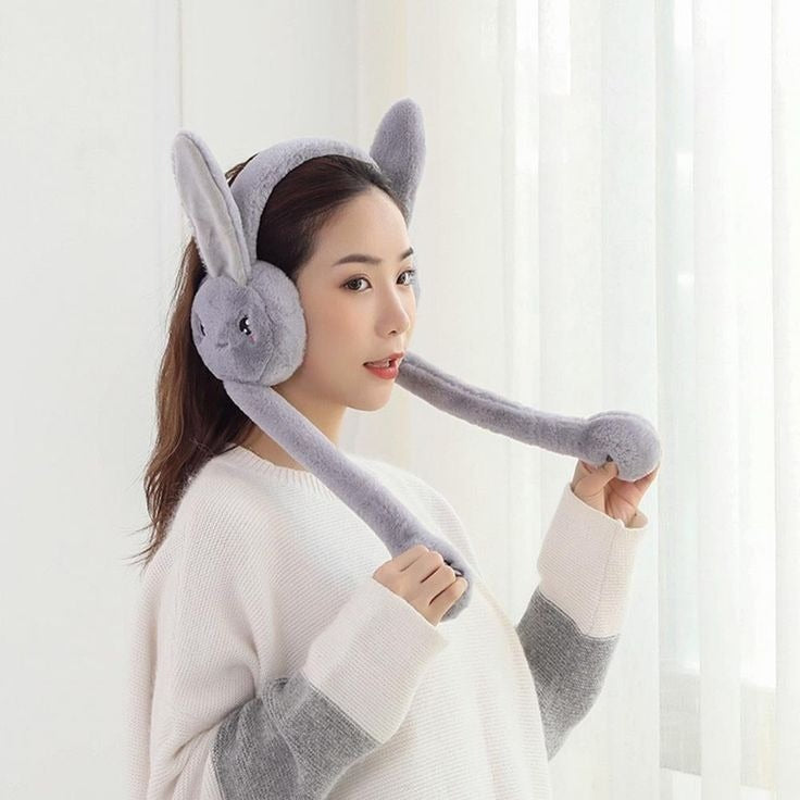 Magic Moving Bunny Ears Plush Earmuffs – Squeeze-to-Jump Toy Hat"