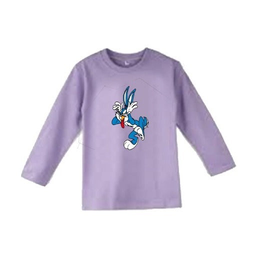 "Lavender Full Sleeve Cotton T-Shirt for Kids – Cute Cartoon Print, Boys & Girls"