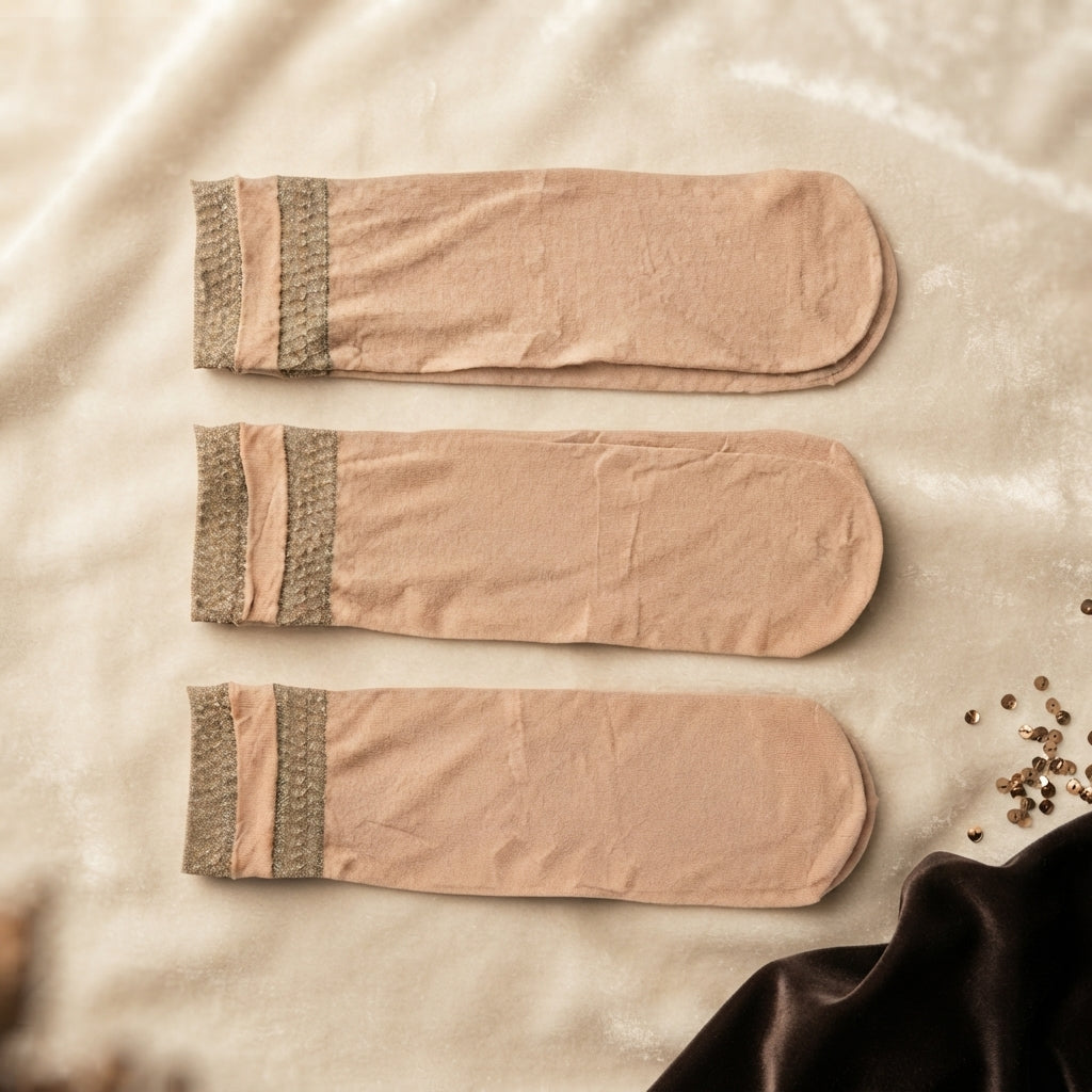 Premium Ladies Sheer Skin Socks with Shimmer Cuff (Pack of 3 Pairs)