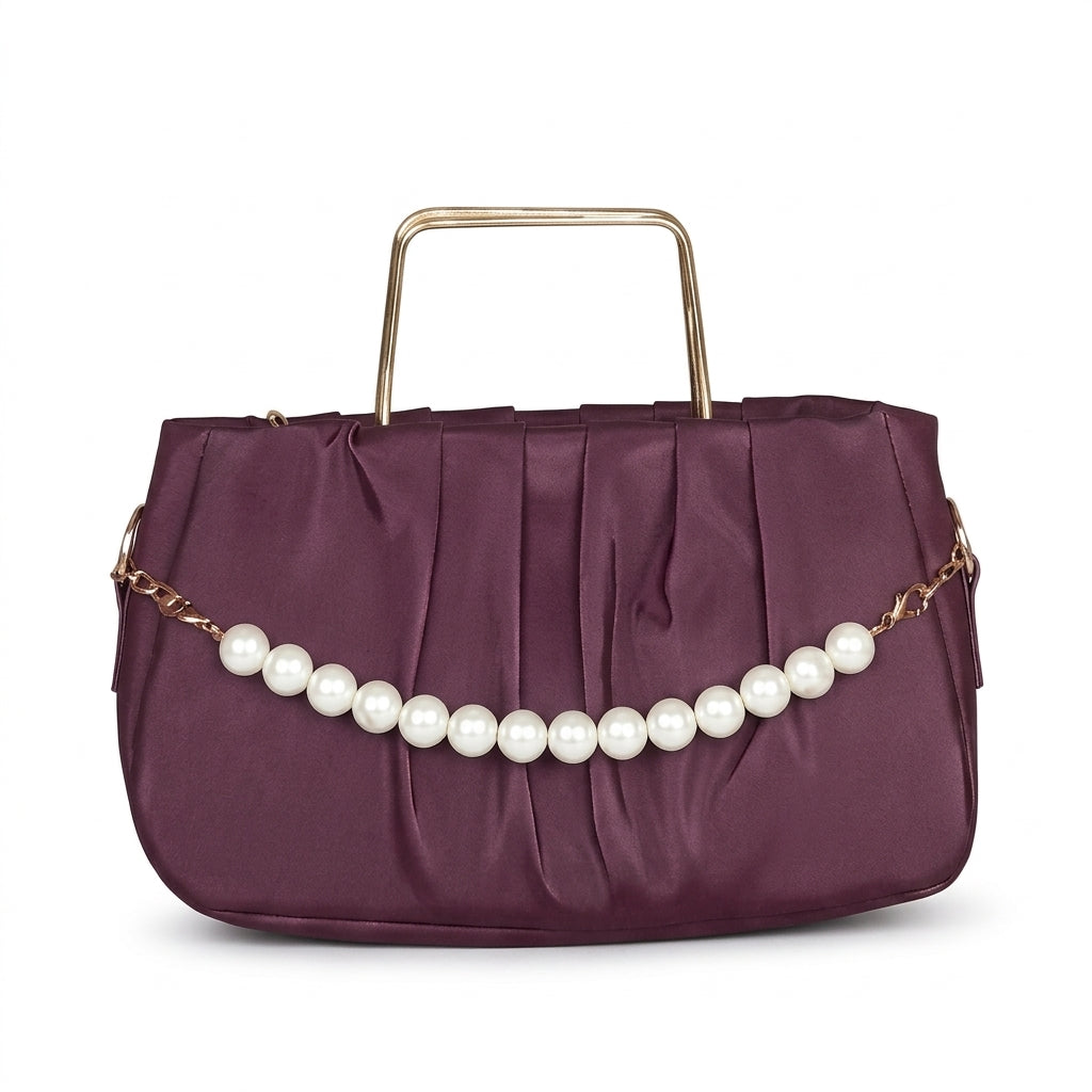 "Elegant Pleated Maroon Satin Handbag with Pearl Handle – Gold Accent Clutch"