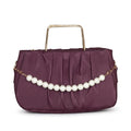 "Elegant Pleated Maroon Satin Handbag with Pearl Handle – Gold Accent Clutch"