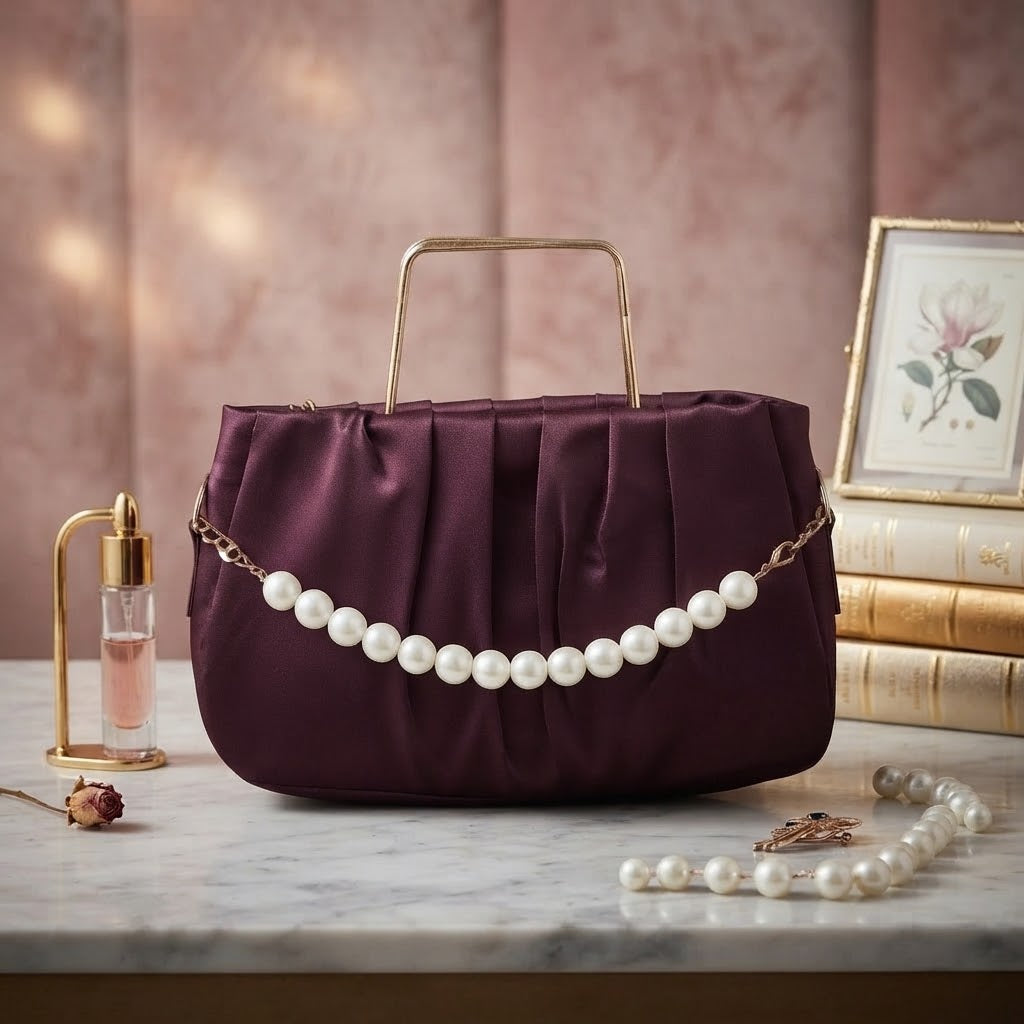 "Elegant Pleated Maroon Satin Handbag with Pearl Handle – Gold Accent Clutch"