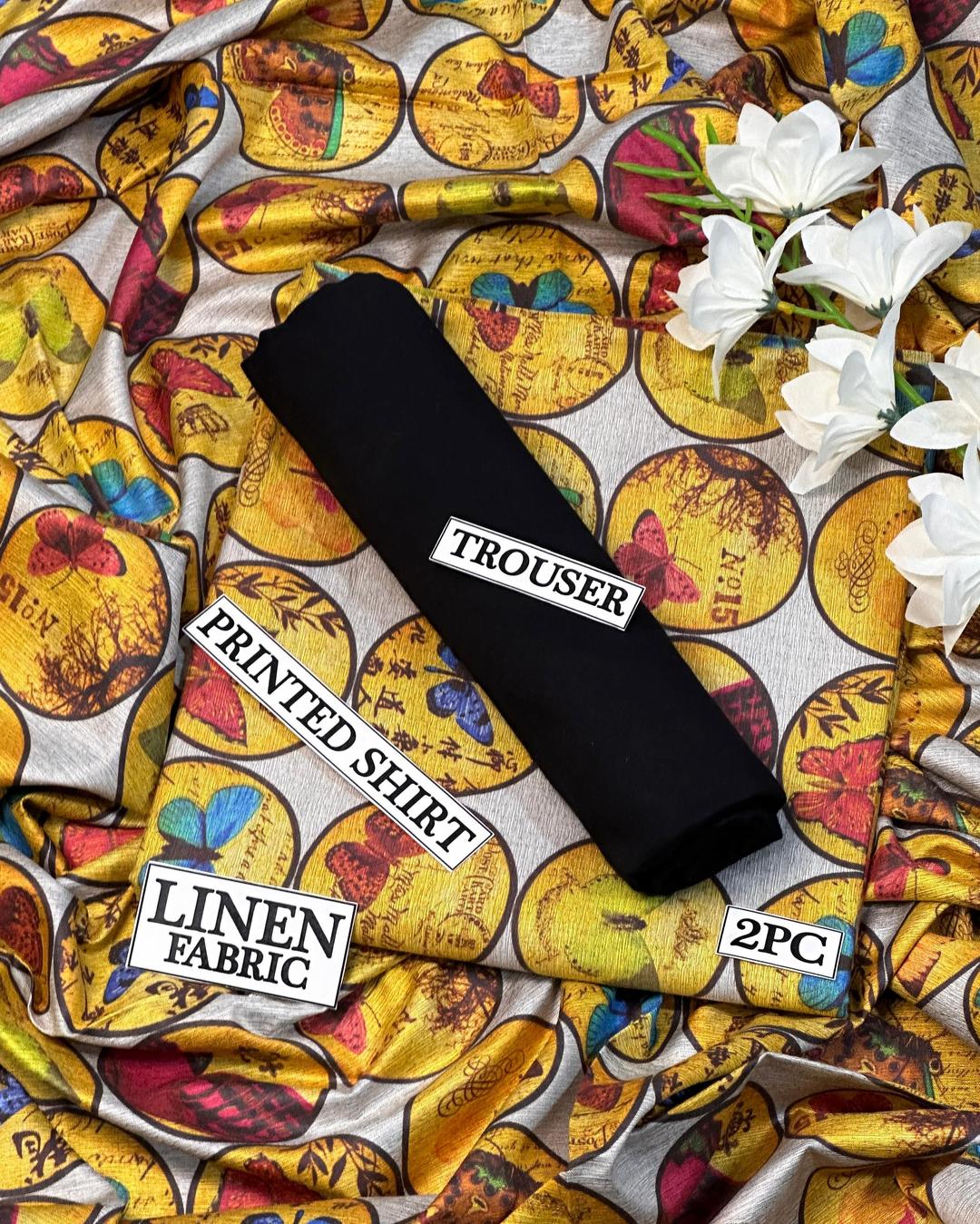 Women Linen Printed Shirt & Trouser Set Mustard Digital Print 2 Pcs