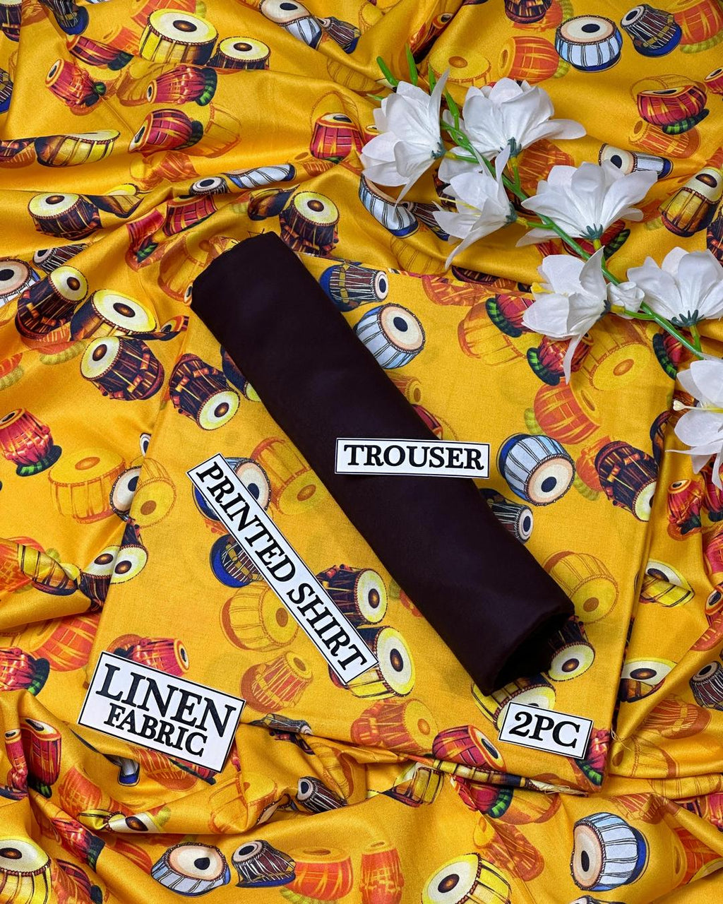 Linen Printed 2Pc Suit Yellow with Drums