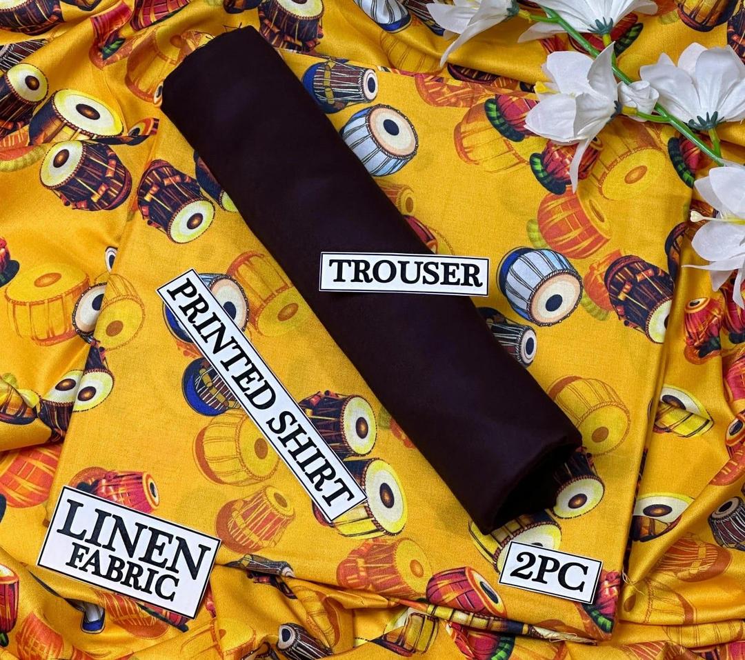Linen Printed 2Pc Suit Yellow with Drums