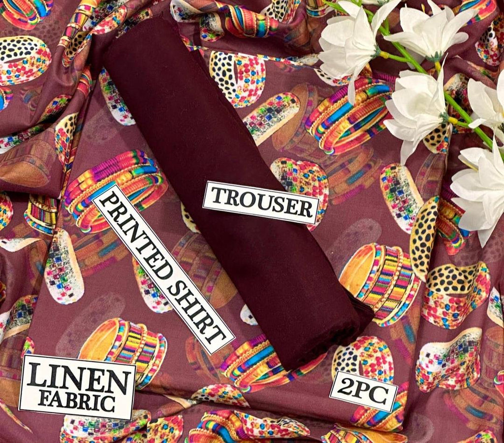 Women Linen Printed Suit Brown Trousers Set
