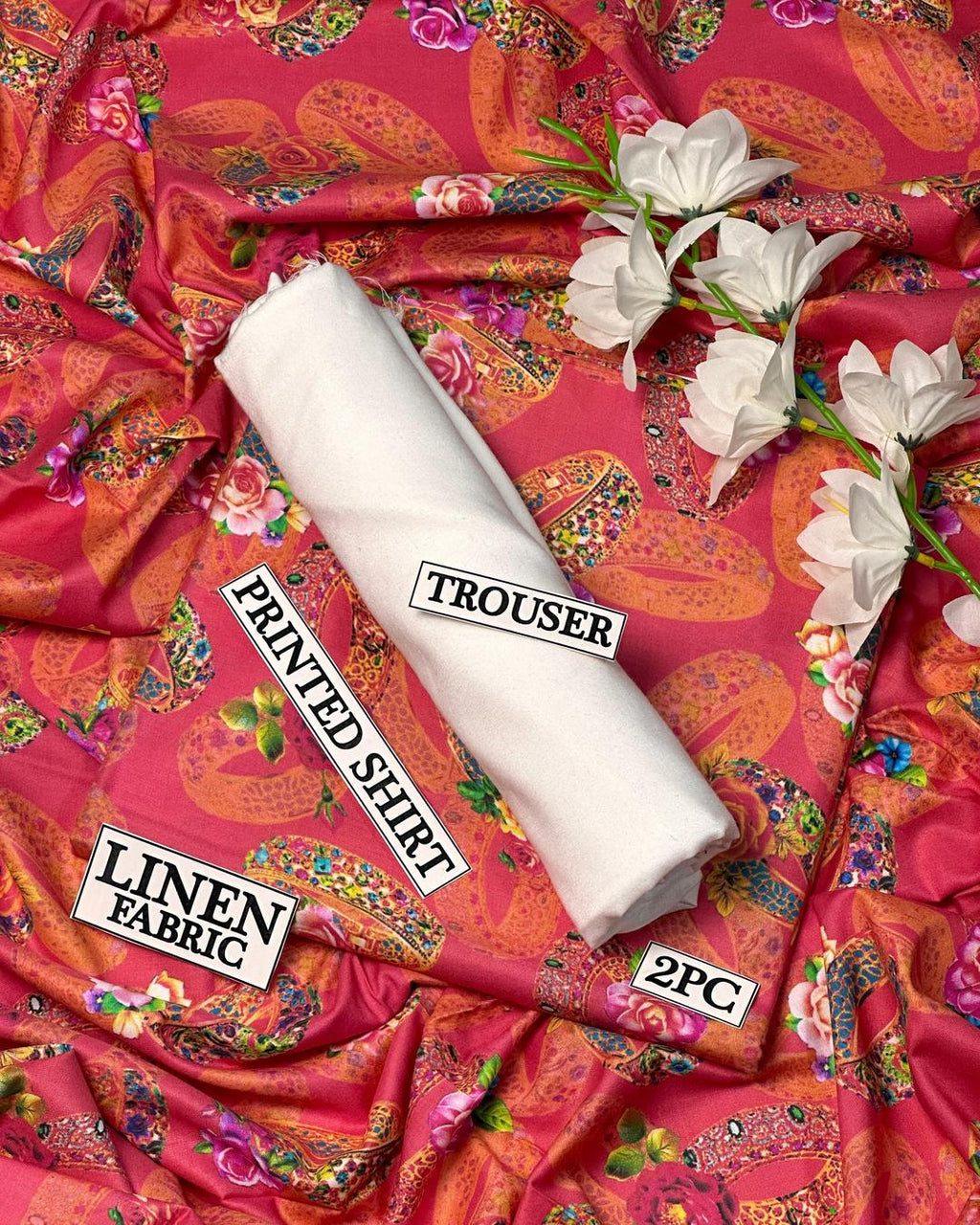 Women Linen Digital Print Suit 2Pc Pink