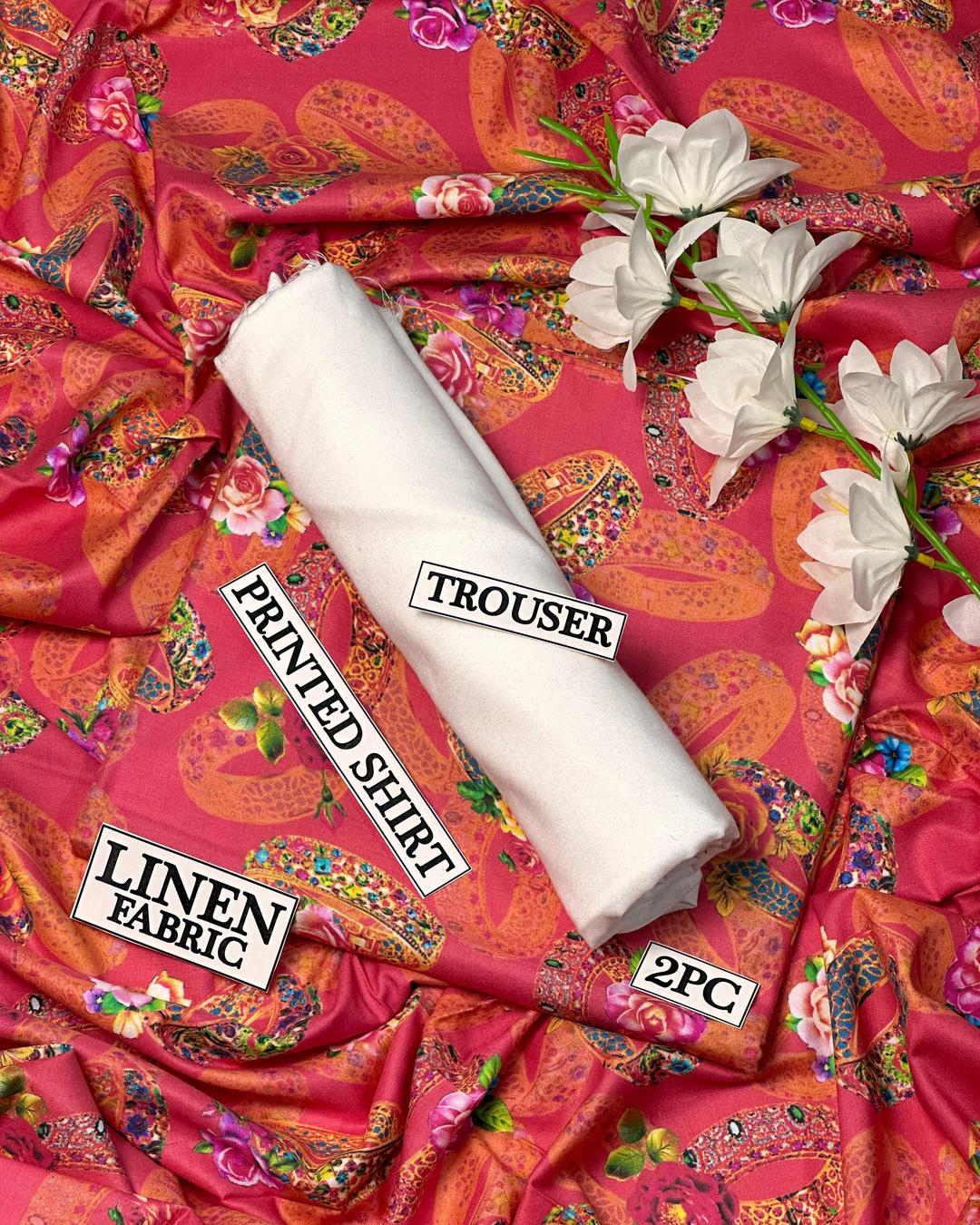 Women Linen Digital Print Suit 2Pc Pink