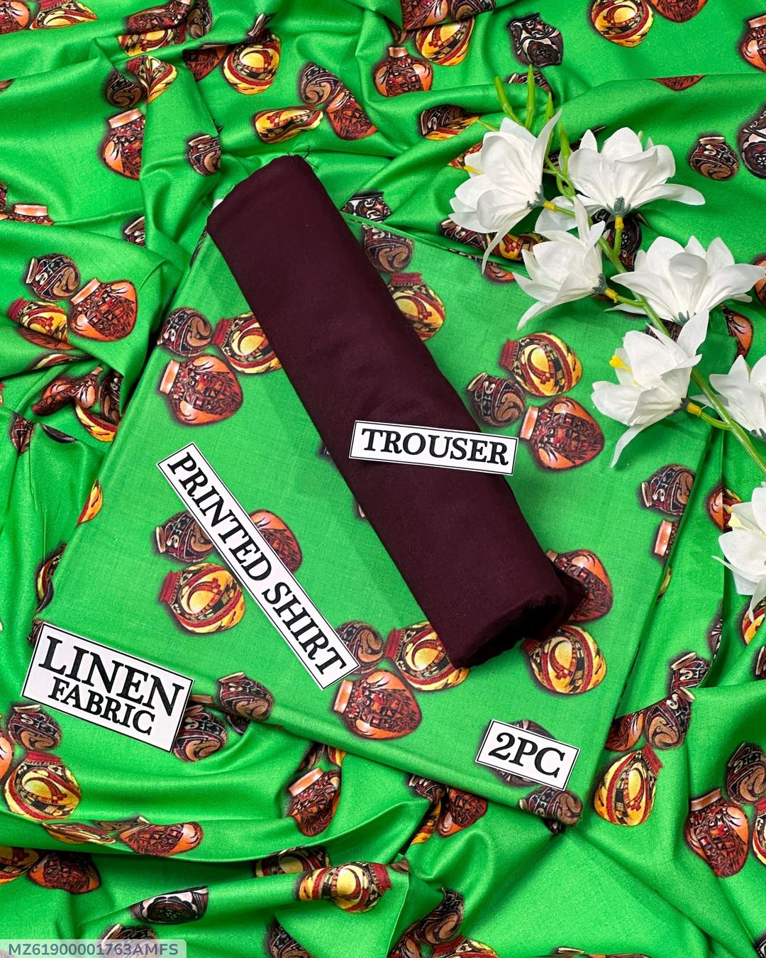 Women Linen Digital Print Suit Green Burgundy 2PC