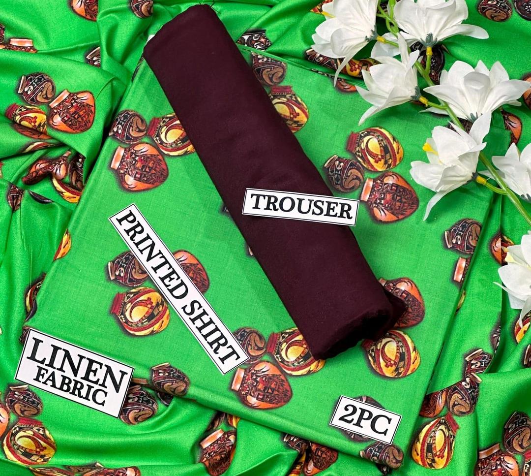 Women Linen Digital Print Suit Green Burgundy 2PC