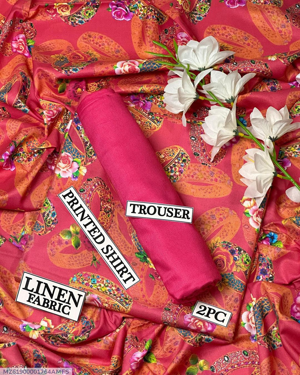 Women Linen Digital Print Suit Red 2.5m Cutting