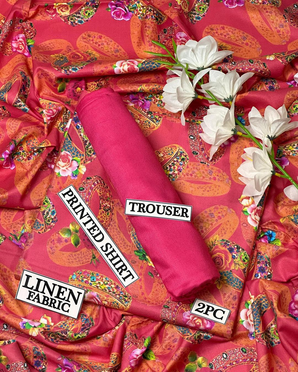 Women Linen Digital Print Suit Red 2.5m Cutting