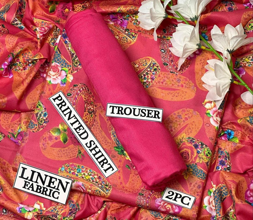 Women Linen Digital Print Suit Red 2.5m Cutting