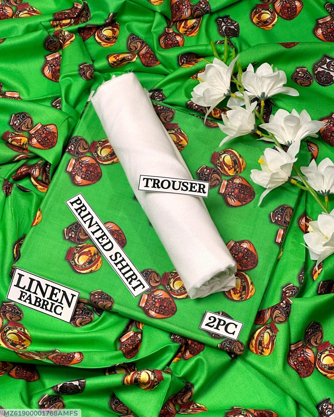 Green Digital Print Linen Women Suit Set