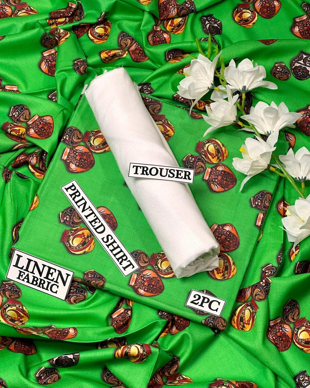 Green Digital Print Linen Women Suit Set