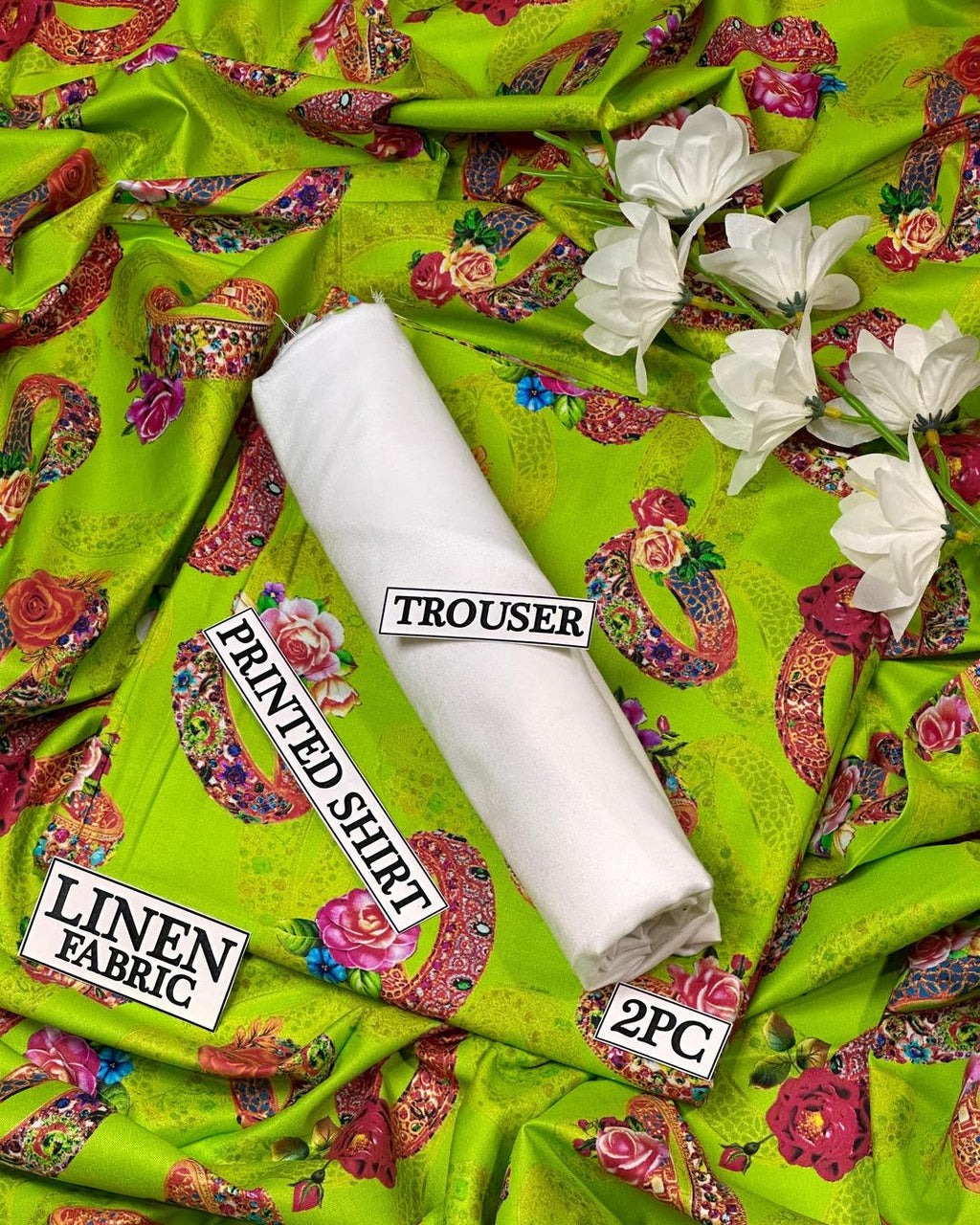Women Linen Printed Suit Green Floral 2.5m