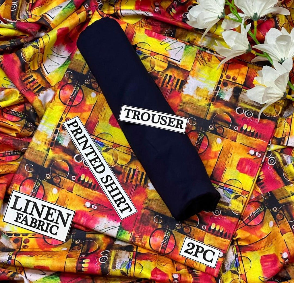 Women Linen Printed Trousers Set Multicolor Digital Print 2 Pcs