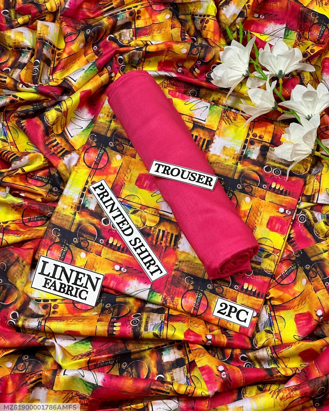 Women Linen Digital Print Suit 2Pc Pink Multicolor