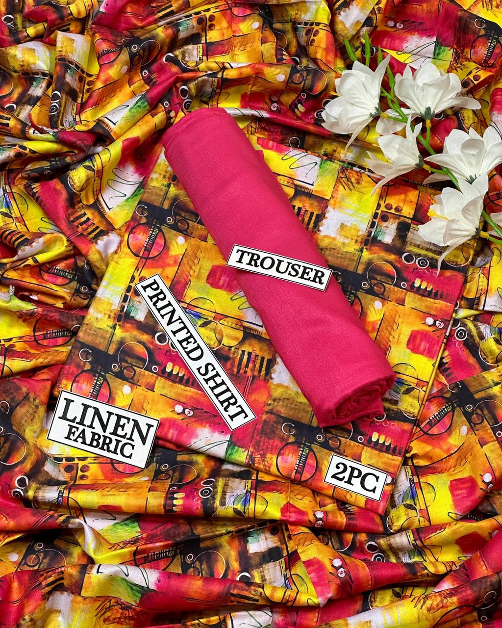 Women Linen Digital Print Suit 2Pc Pink Multicolor
