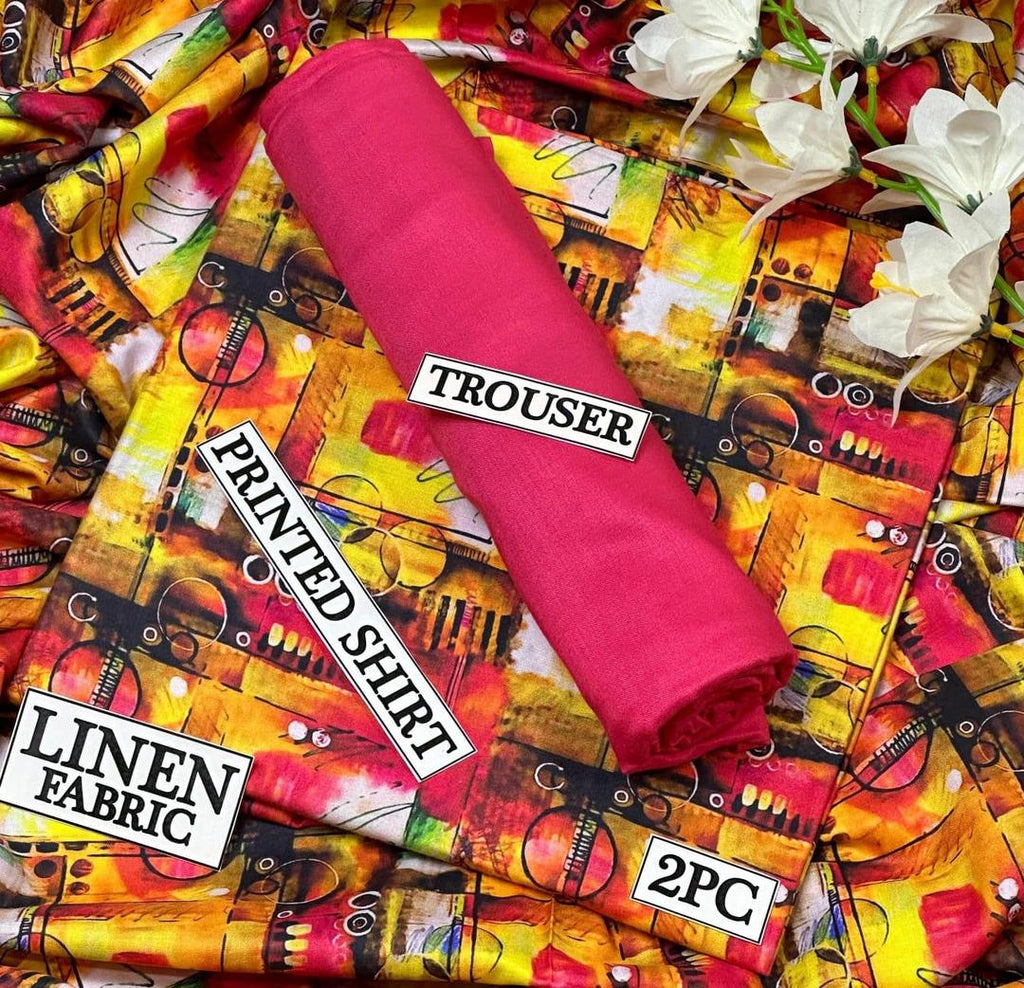 Women Linen Digital Print Suit 2Pc Pink Multicolor