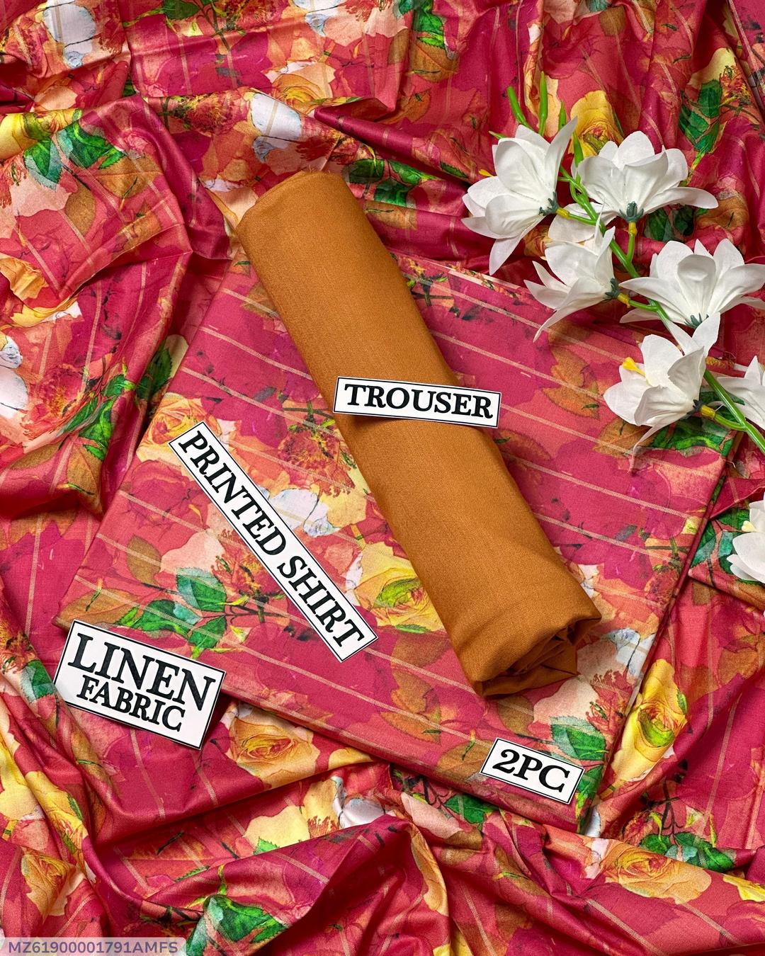 Women Linen Digital Print Suit Red Brown 2Pc
