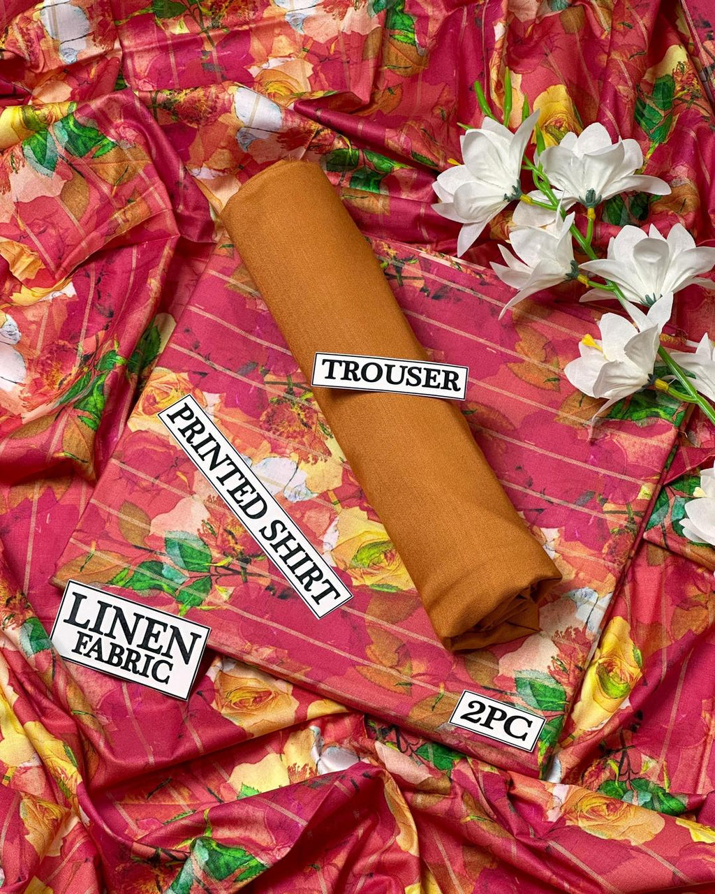 Women Linen Digital Print Suit Red Brown 2Pc