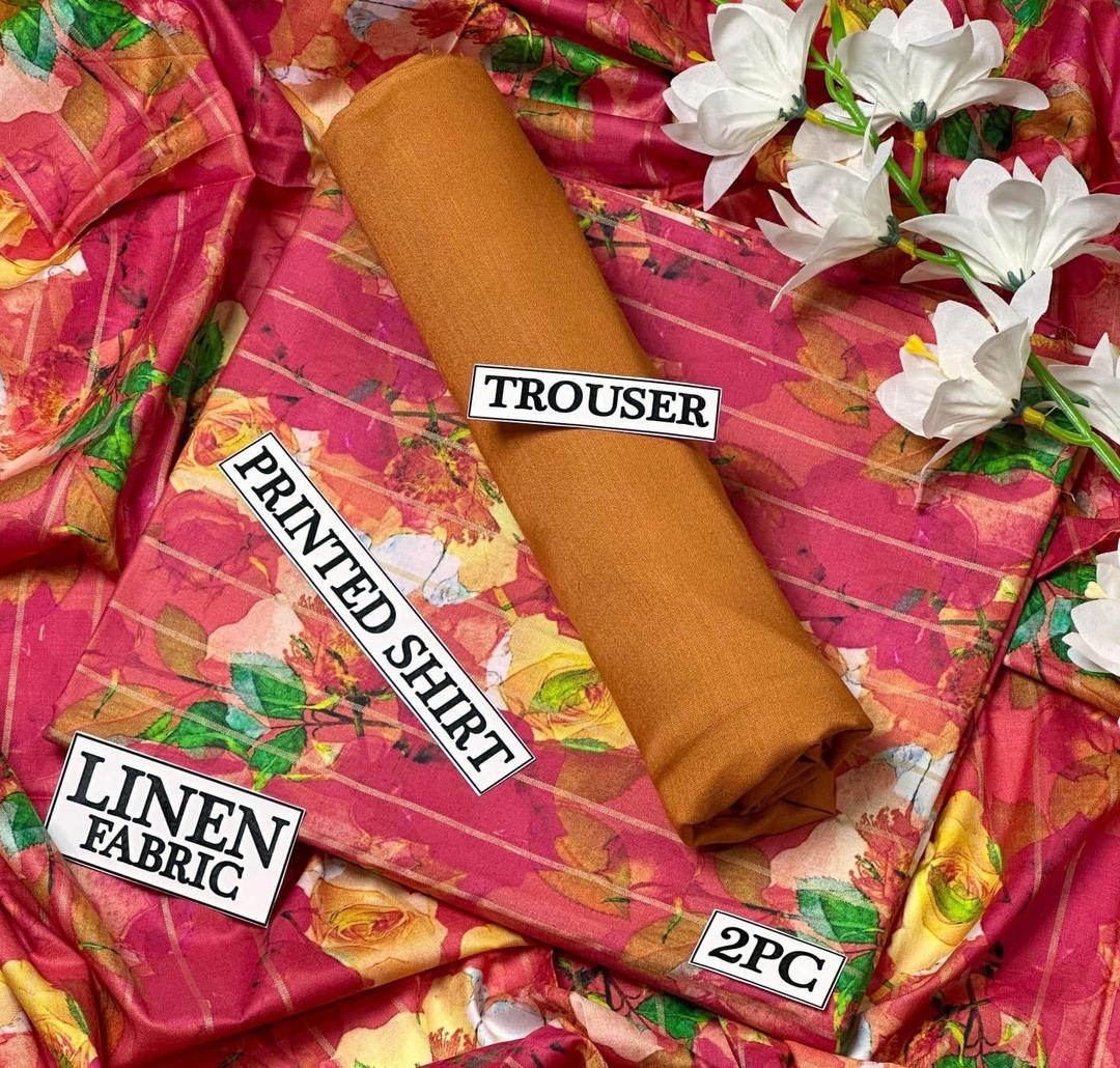 Women Linen Digital Print Suit Red Brown 2Pc