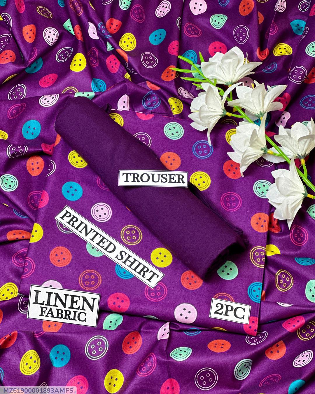 Women's Purple Linen 2-Piece Suit with Button Print