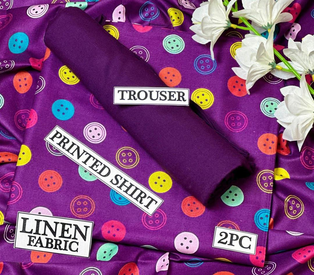 Women's Purple Linen 2-Piece Suit with Button Print