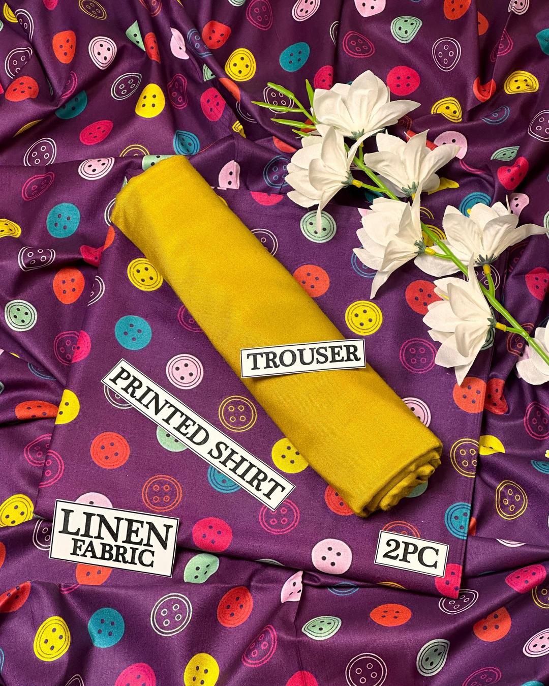 Linen Printed Shirt & Trouser Set Purple 2PC
