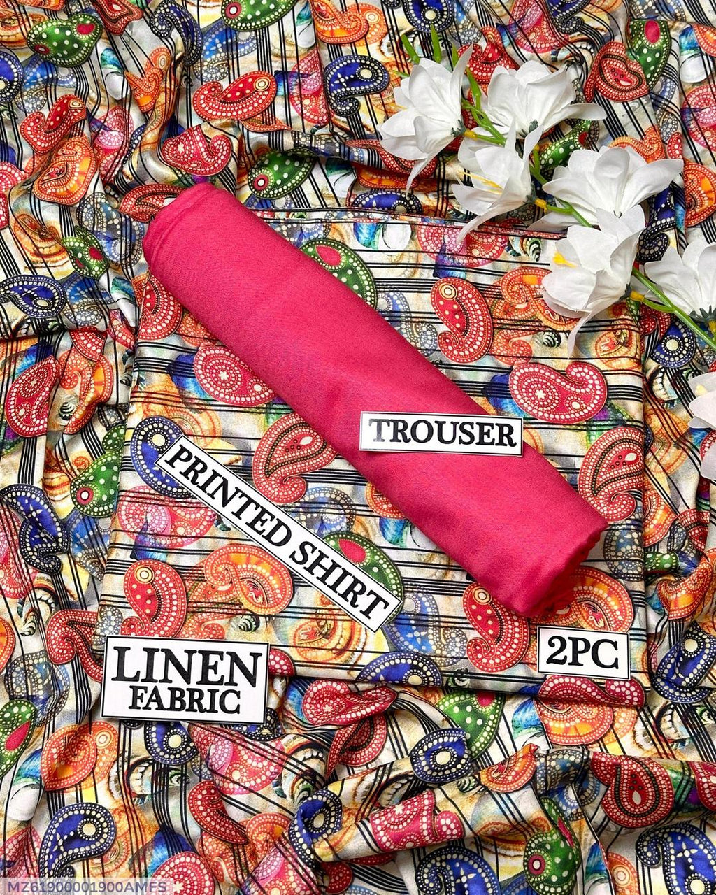 Women Linen Suit 2Pc Digital Print Paisley Red Blue Green