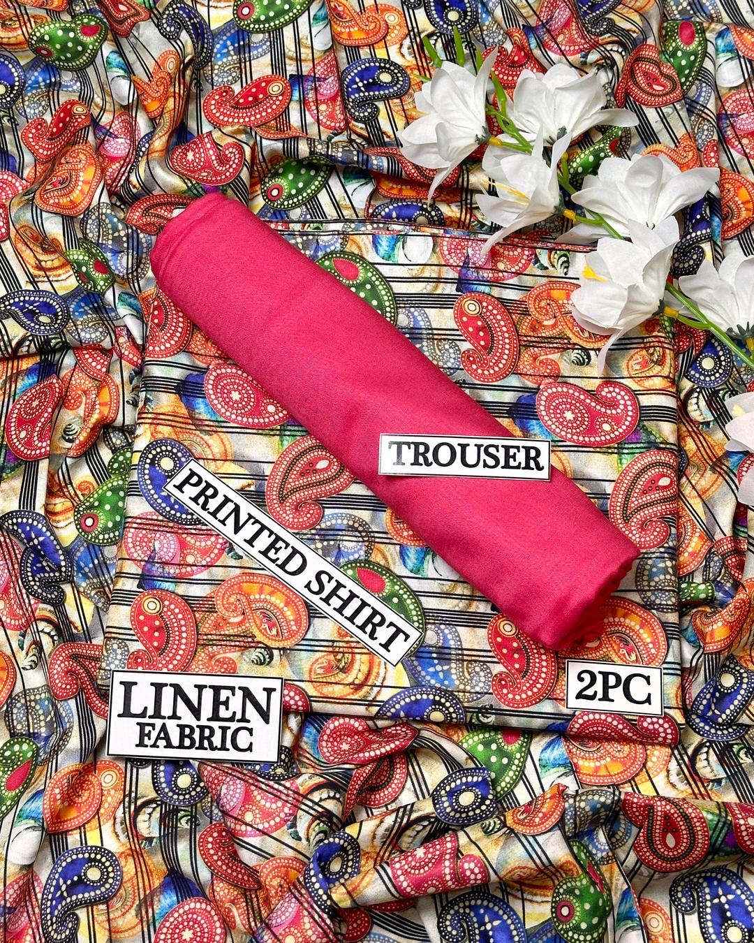 Women Linen Suit 2Pc Digital Print Paisley Red Blue Green