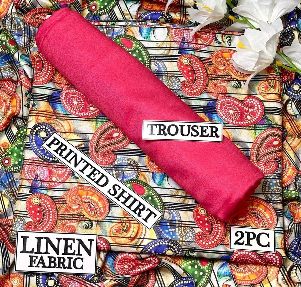 Women Linen Suit 2Pc Digital Print Paisley Red Blue Green