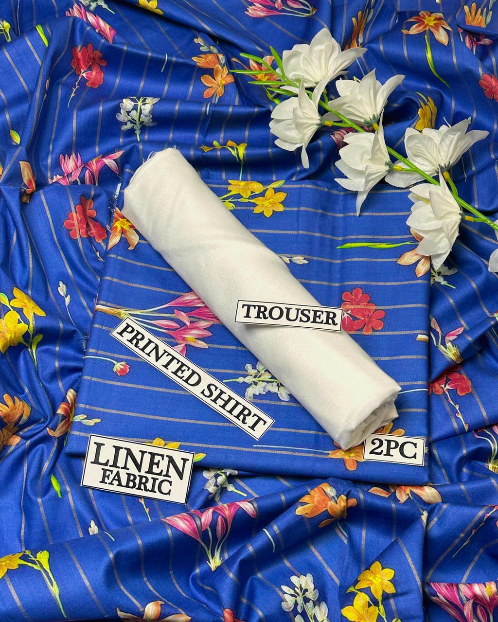 Women Linen Digital Print Suit Blue 2Pc Unstitched