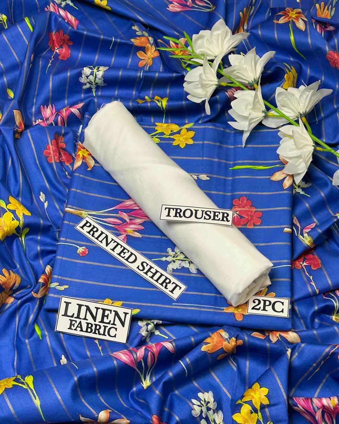 Women Linen Digital Print Suit Blue 2Pc Unstitched