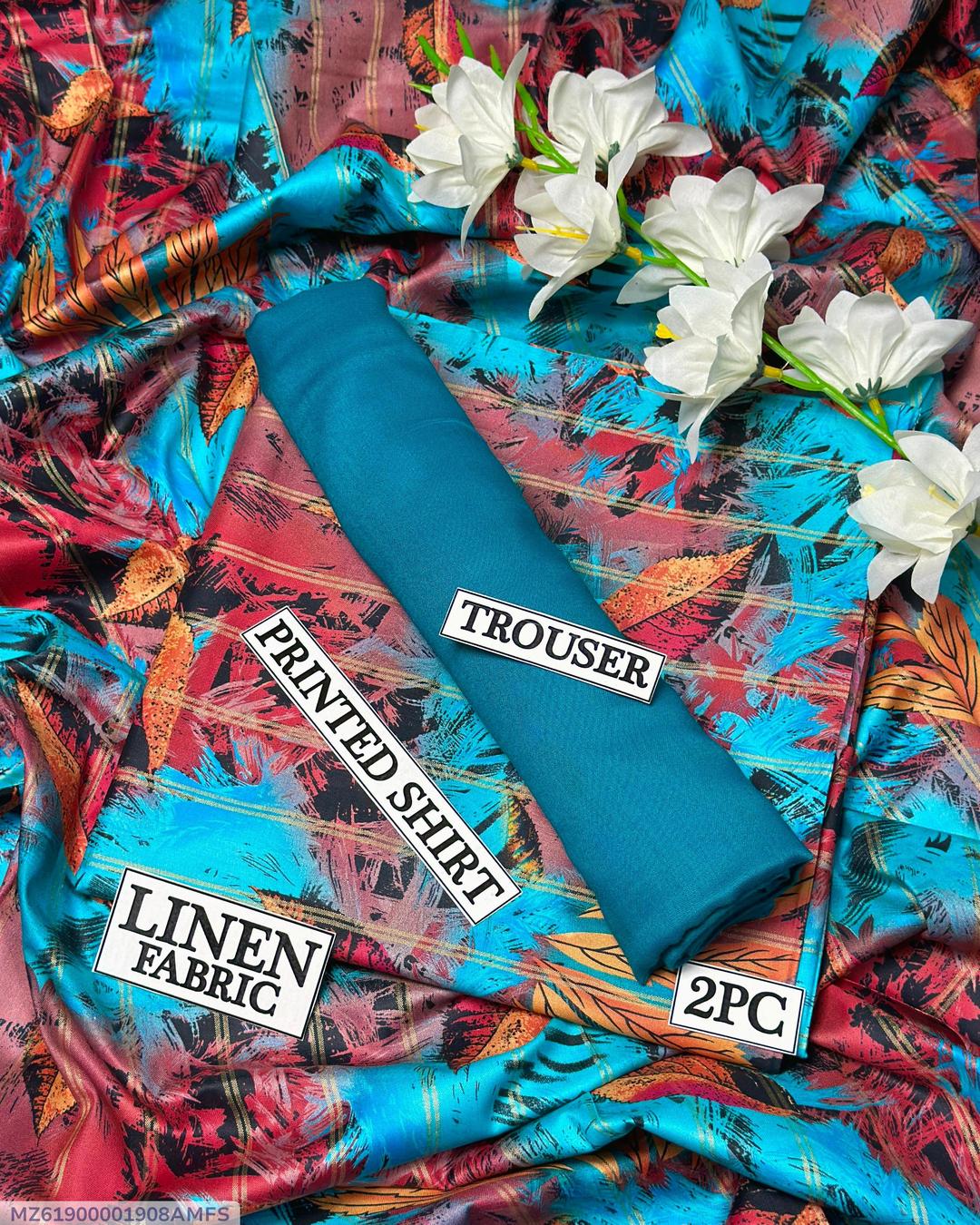 Women Linen Printed Suit 2PC Blue Trousers Multicolor