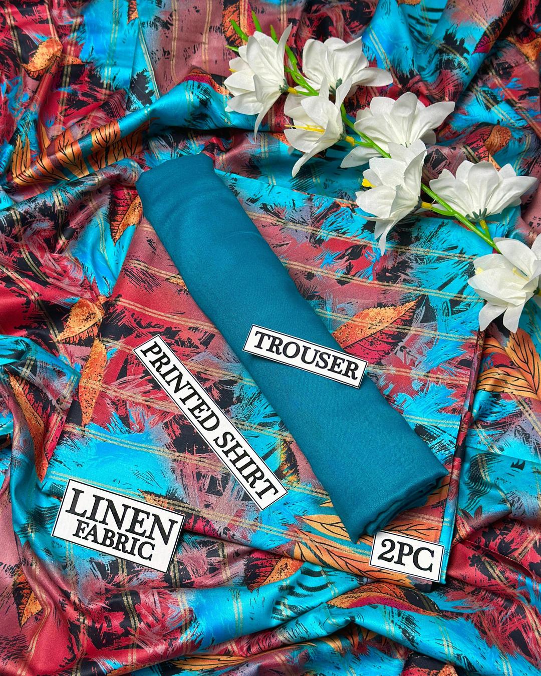 Women Linen Printed Suit 2PC Blue Trousers Multicolor