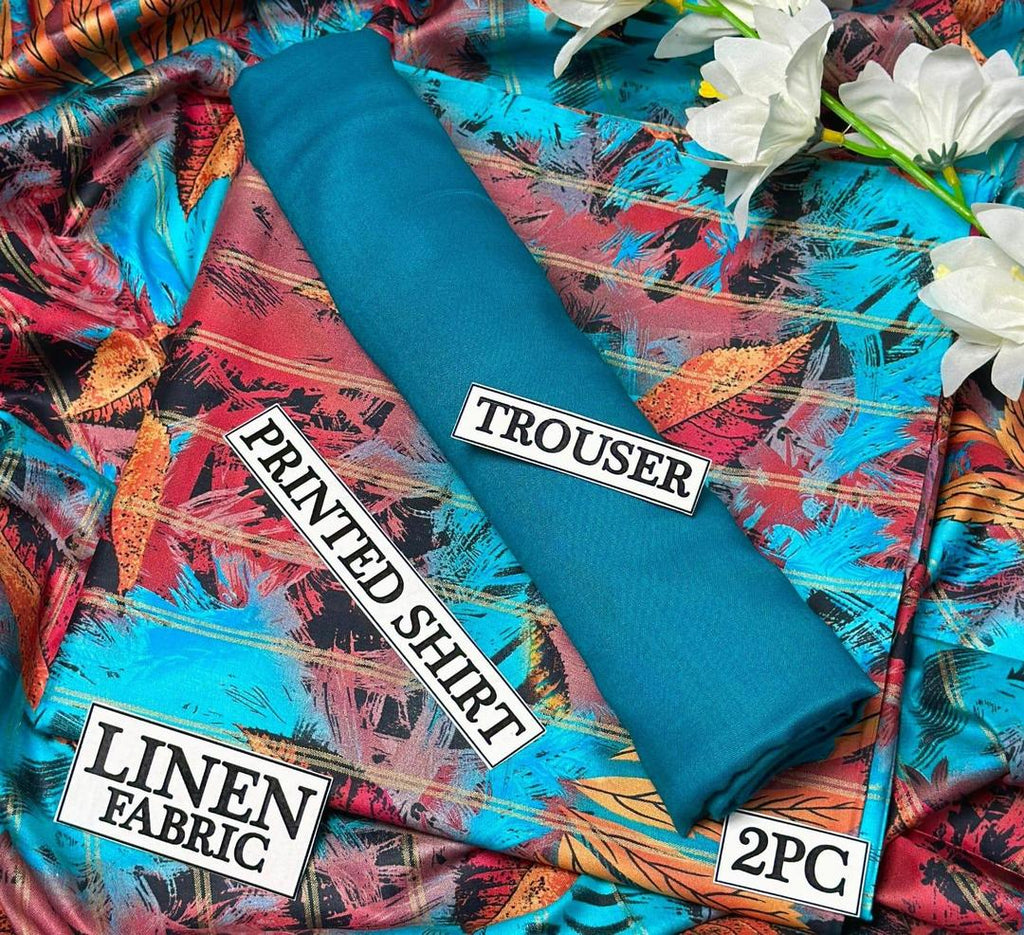 Women Linen Printed Suit 2PC Blue Trousers Multicolor