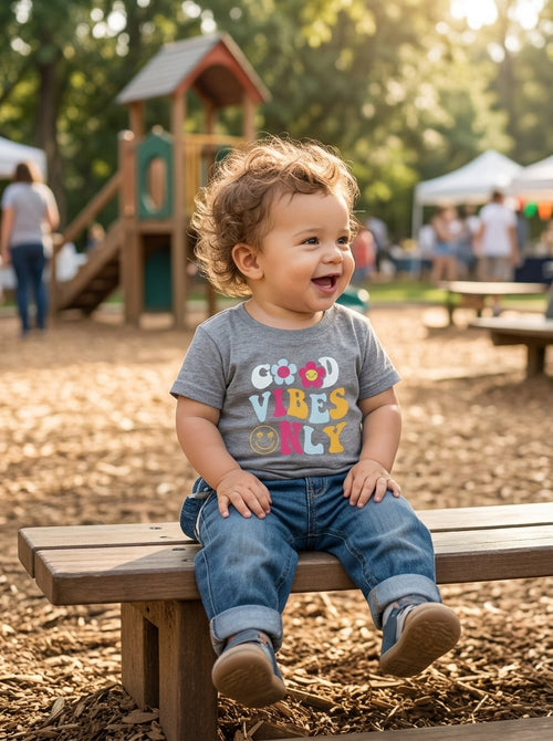 "Retro Floral Smiley Print Kids T-Shirt – Good Vibes Only Graphic Tee"