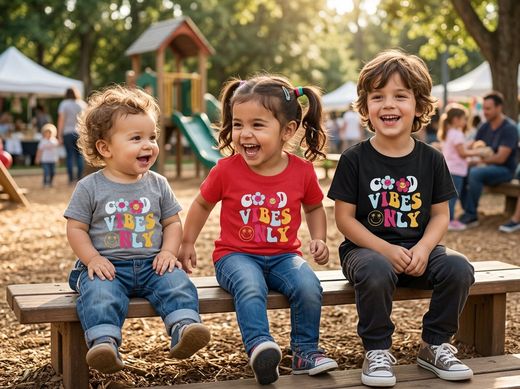 "Retro Floral Smiley Print Kids T-Shirt – Good Vibes Only Graphic Tee"