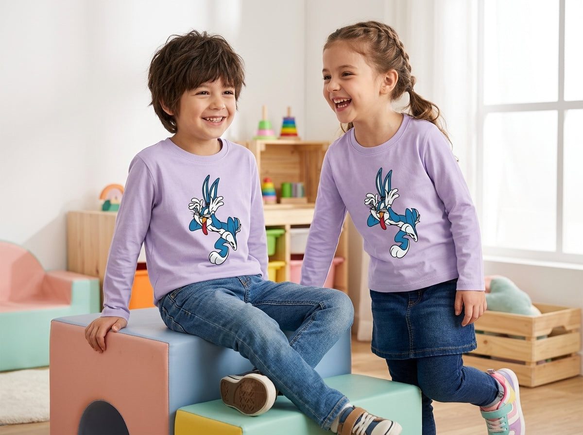 "Lavender Full Sleeve Cotton T-Shirt for Kids – Cute Cartoon Print, Boys & Girls"