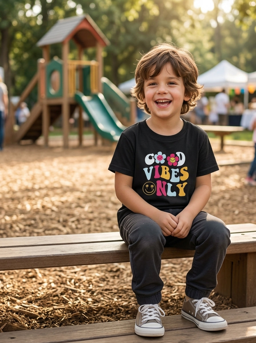"Retro Floral Smiley Print Kids T-Shirt – Good Vibes Only Graphic Tee"