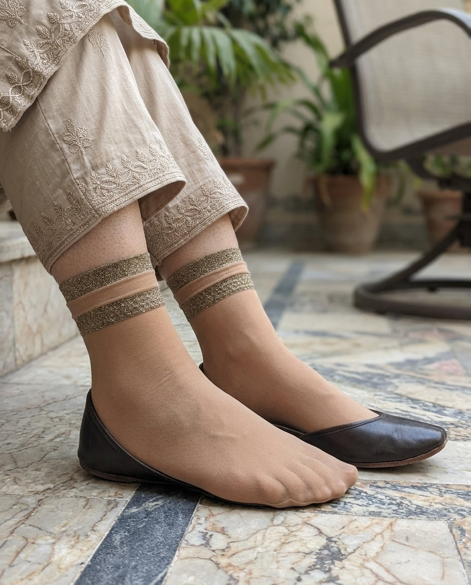 Premium Ladies Sheer Skin Socks with Shimmer Cuff (Pack of 3 Pairs)