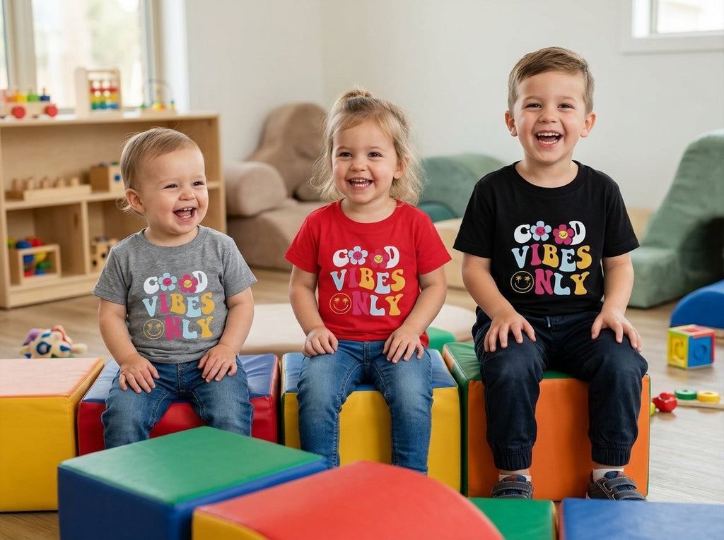 "Retro Floral Smiley Print Kids T-Shirt – Good Vibes Only Graphic Tee"