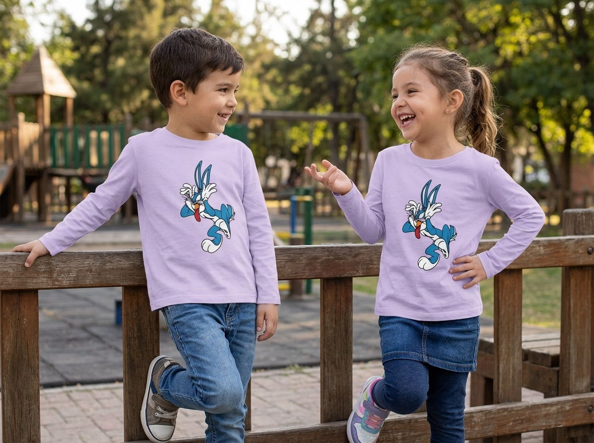"Lavender Full Sleeve Cotton T-Shirt for Kids – Cute Cartoon Print, Boys & Girls"
