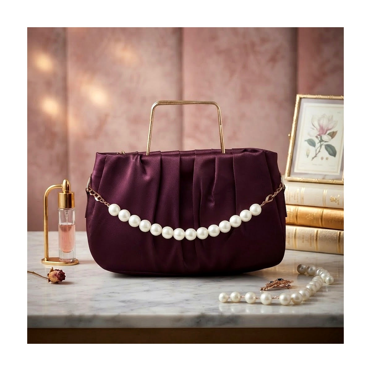 "Elegant Pleated Maroon Satin Handbag with Pearl Handle – Gold Accent Clutch"