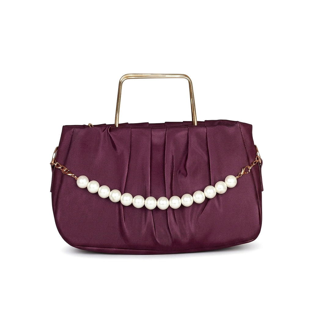 "Elegant Pleated Maroon Satin Handbag with Pearl Handle – Gold Accent Clutch"